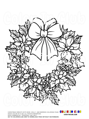 Christmas Wreath with Bow, Holly, and Berries Coloring Page